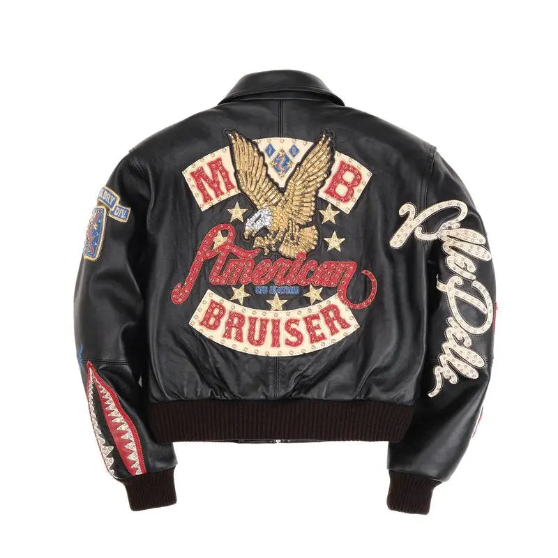 Women's Premium Black Cowhide Embroidered Bomber Leather Jacket with Style Badges & Street Patchwork, detail view 3
