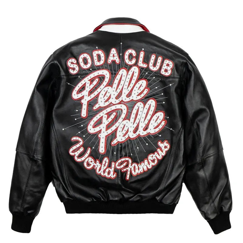 Men's Black Premium Cowhide Leather Jacket – Pelle Pelle Style with Red Trim & Embroidered Logo - Leather taboo