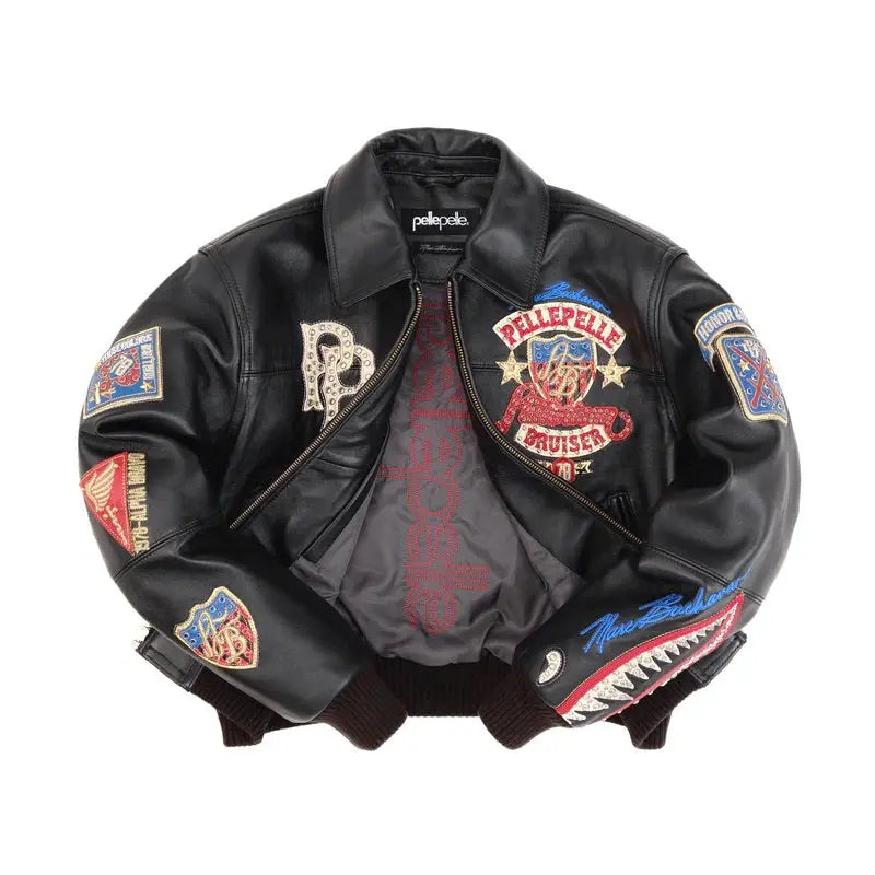 Women's Premium Black Cowhide Embroidered Bomber Leather Jacket with Style Badges & Street Patchwork, detail view 5