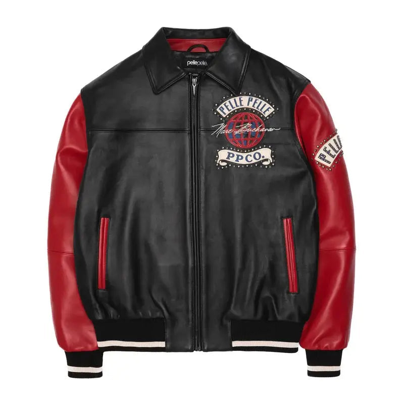 Men’s Premium Black & Red Cowhide Leather Jacket – Pelle Pelle Globe Logo & Studded Patch - Leather taboo
