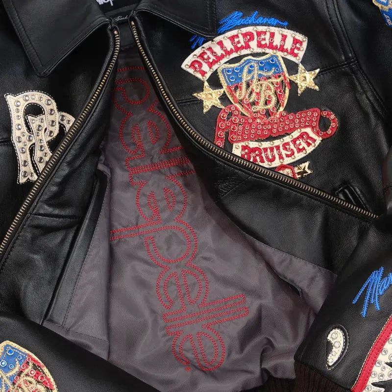 Women's Premium Black Cowhide Embroidered Bomber Leather Jacket with Style Badges & Street Patchwork, detail view 6