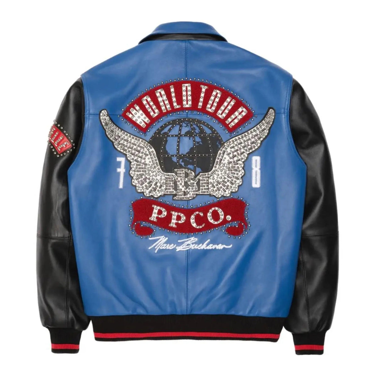 Premium Pelle Pelle Men’s Blue and Black Cowhide Leather Jacket | Bold Logo Patch with Modern Streetwear Design - Leather taboo