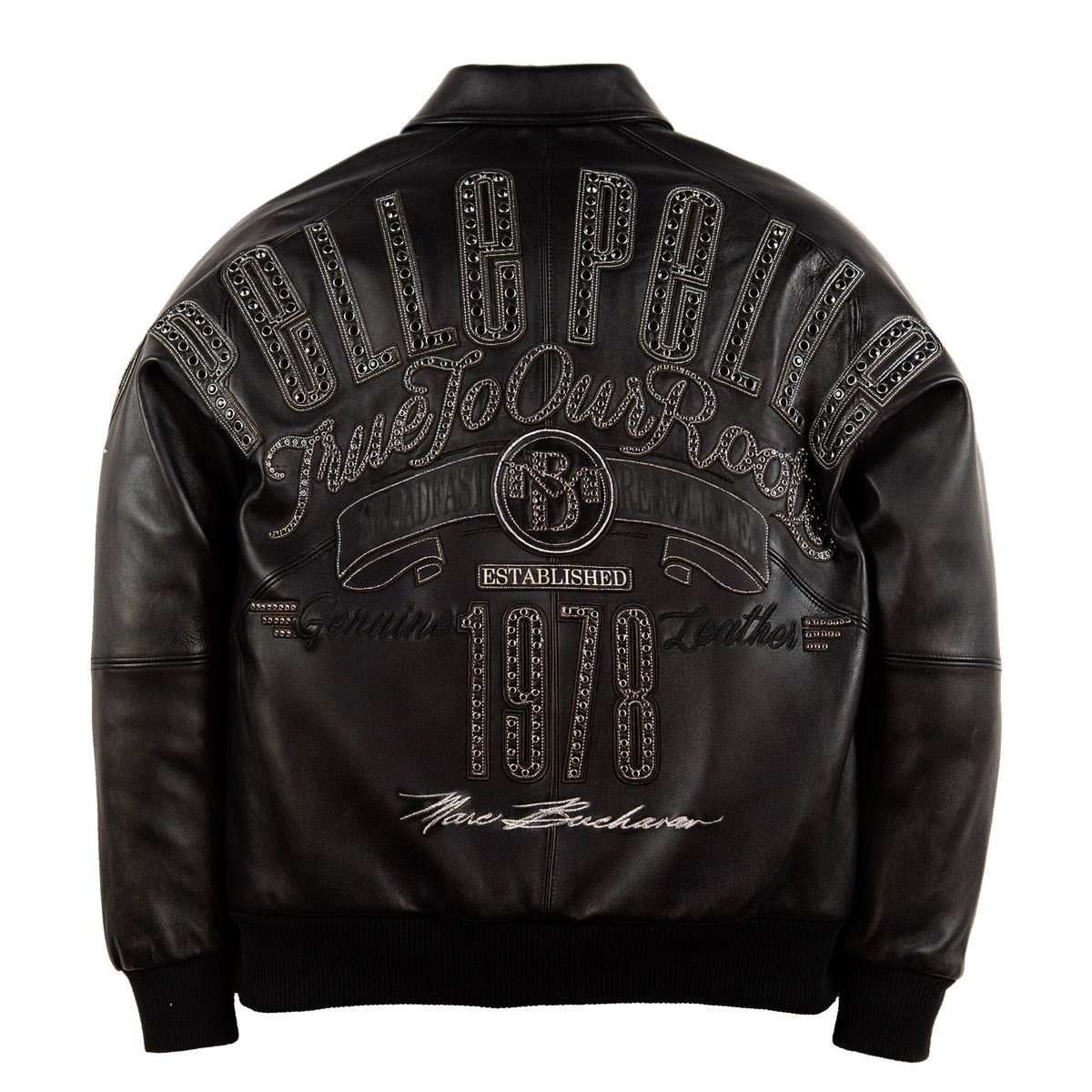 Black leather jacket with studded Pelle Pelle lettering, True To Our Roots script, crest and large 1978 back design