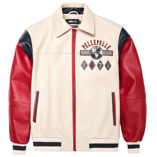 Pelle Pelle Soda Club 1978 Cowhide Leather Jacket for Men – Red, Navy & Cream Varsity Bomber - Leather taboo