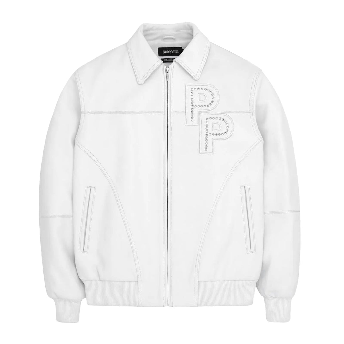 Men's white Premium Cowhide Leather Jacket – Pelle Pelle Style with Red Trim & Embroidered Logo - Leather taboo