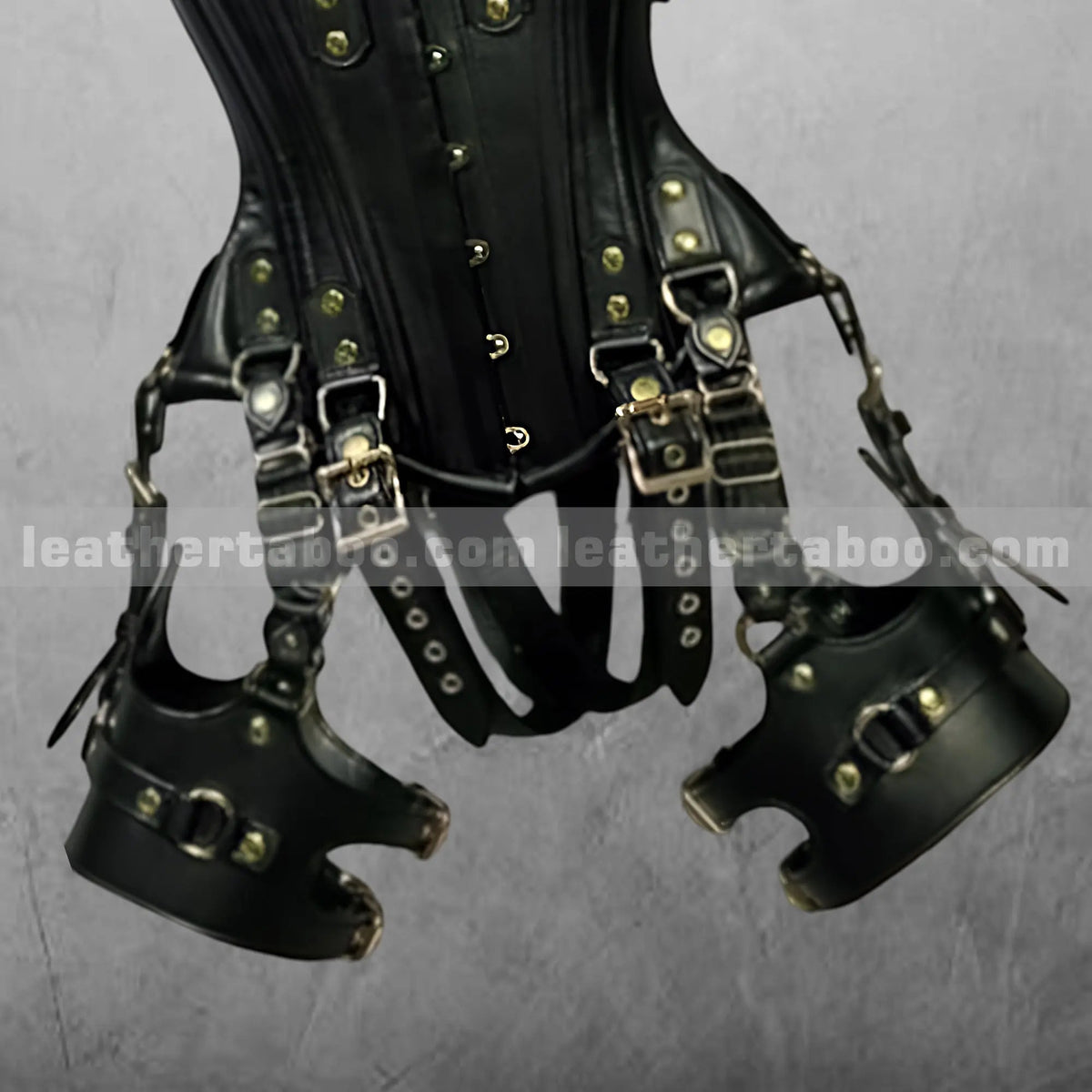 Full-Body Leather Bondage Corset Set with Cuffs & Harness Straps – Fetish BDSM Restraint Gear - Leather taboo