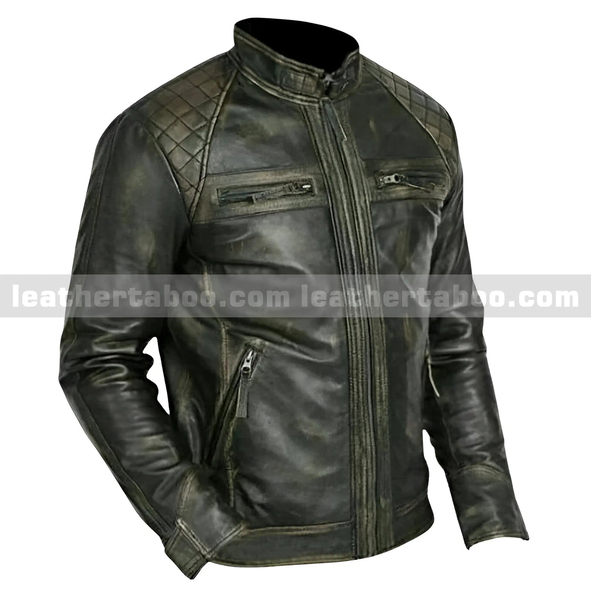 Distressed Black Leather Jacket – Premium Cowhide with Quilted Shoulders - Leather taboo