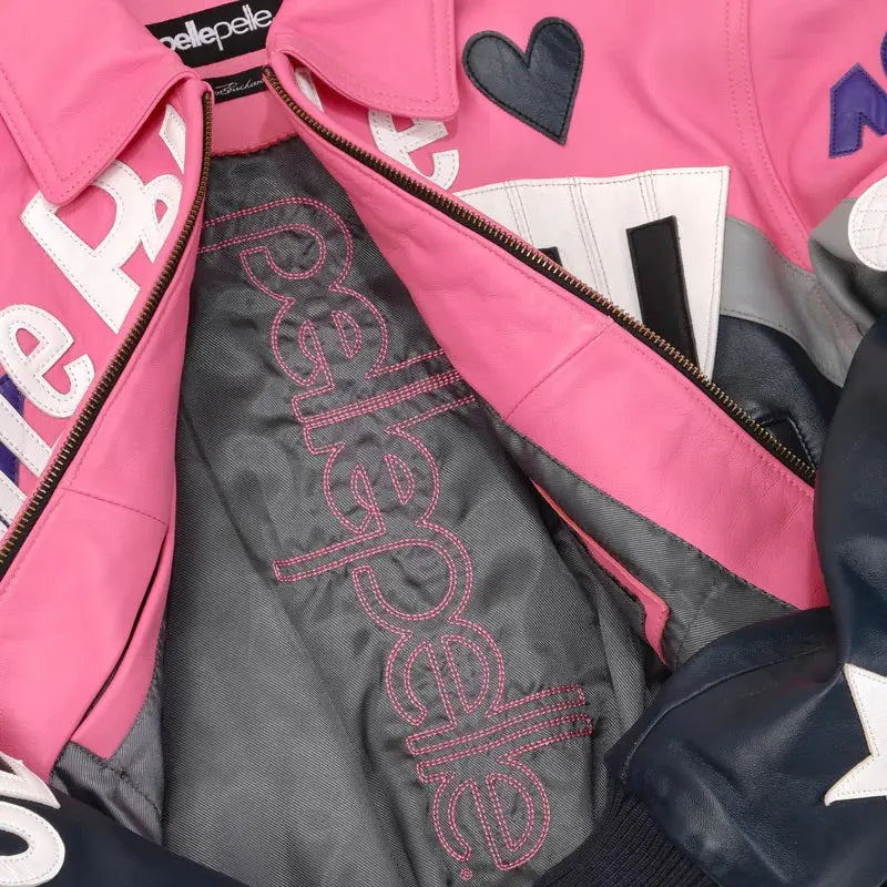 Retro Pink & Navy Music Themed Cowhide Leather Jacket for Women, detail view 2