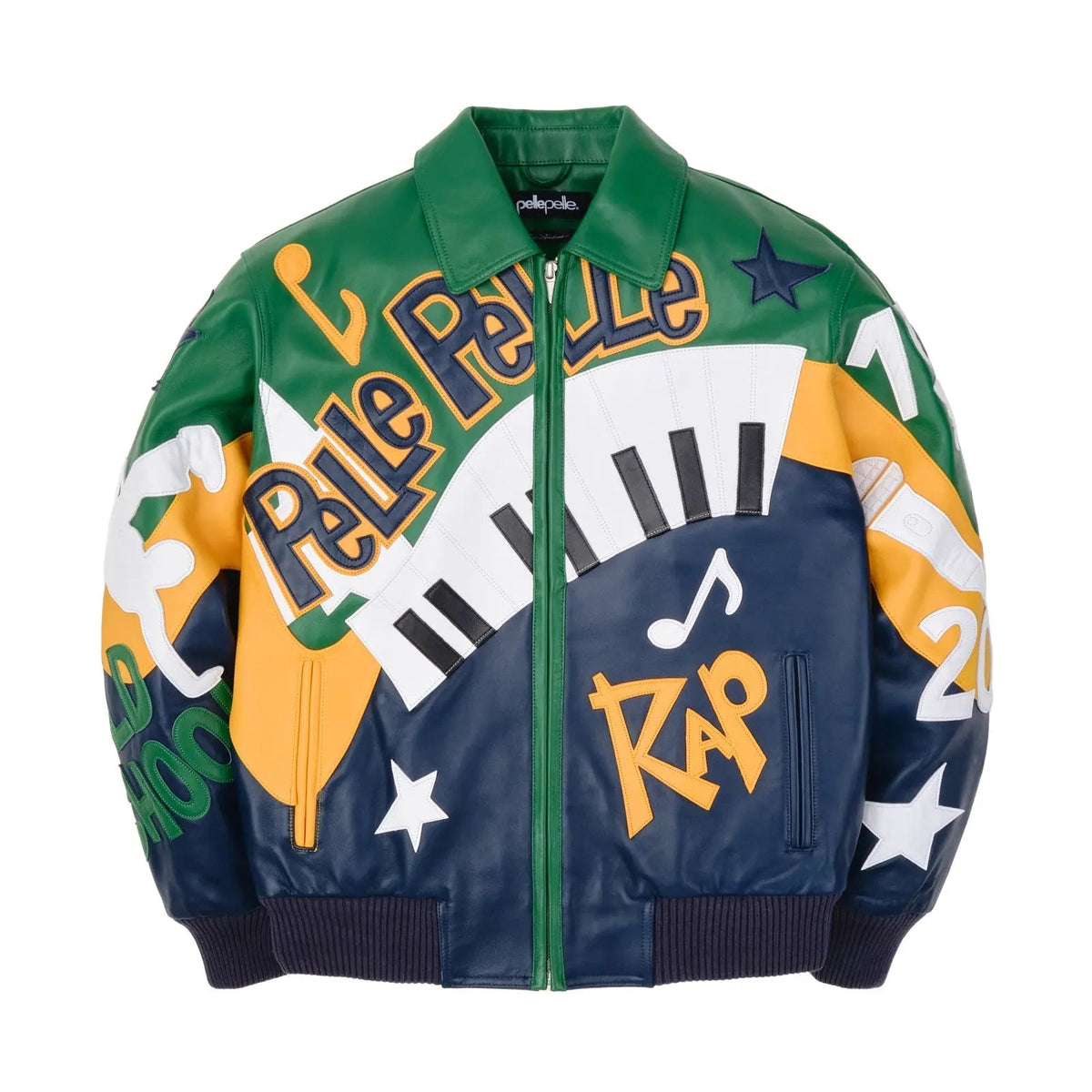 Men’s Pelle Pelle 50 Years of Hip Hop Jacket – Premium Cowhide Leather Bomber in Green & Navy with Bold Rap-Inspired Graphics - Leather taboo