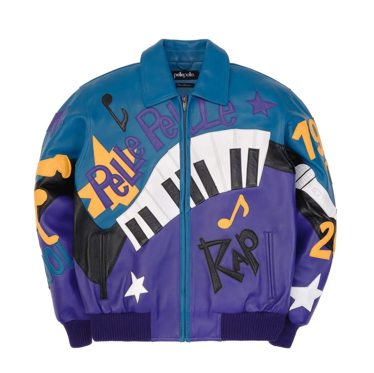 Men’s Pelle Pelle 50 Years of Hip Hop Leather Jacket – Purple & Blue Cowhide Bomber with Bold Music Graphics - Leather taboo