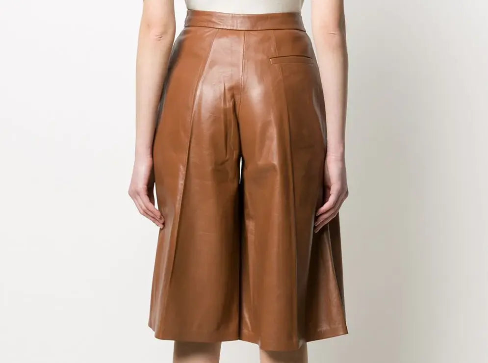 Women’s Genuine Leather Culottes Pants (High-Rise Wide Leg Shorts)