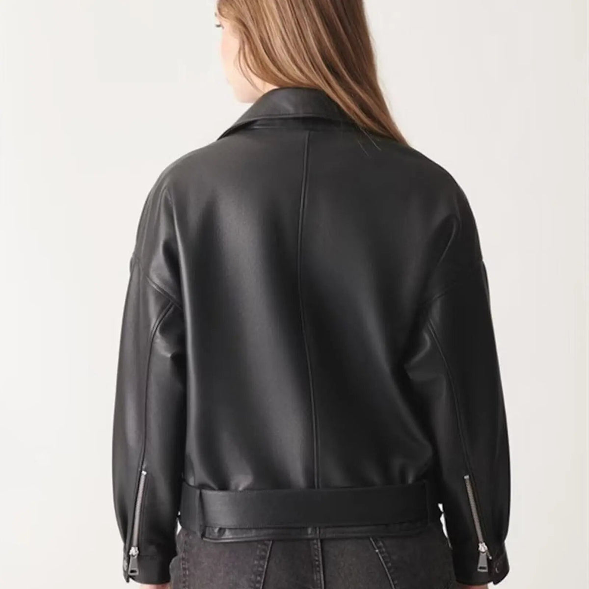 Women's Black Genuine Leather Slim Crop Biker Jacket, back view