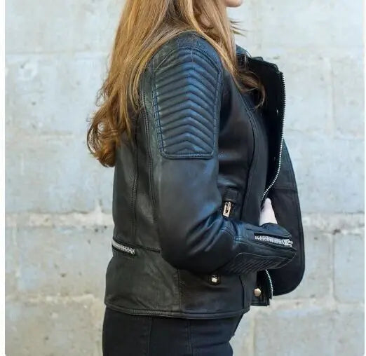 Women's Genuine Black Leather Motorcycle Jacket - Slim Fit Biker Jacket, side view