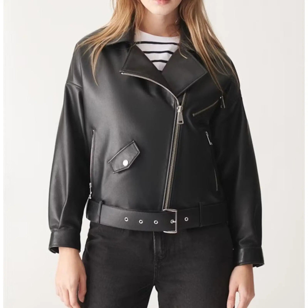 Women's Black Genuine Leather Slim Crop Biker Jacket, front view
