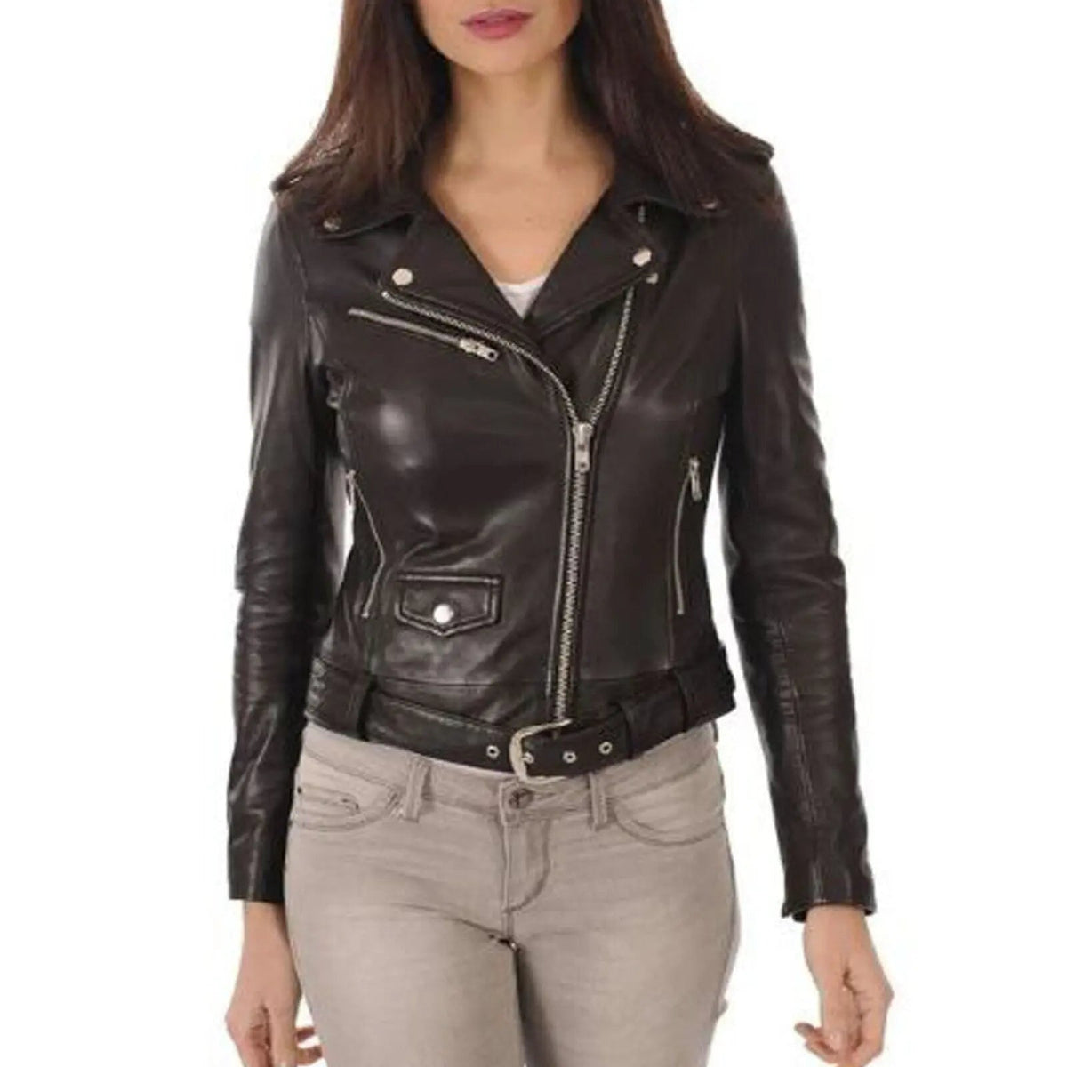 Women's Real Leather Biker Jacket - Motorcycle Slim Fitted Crop Jacket, side view