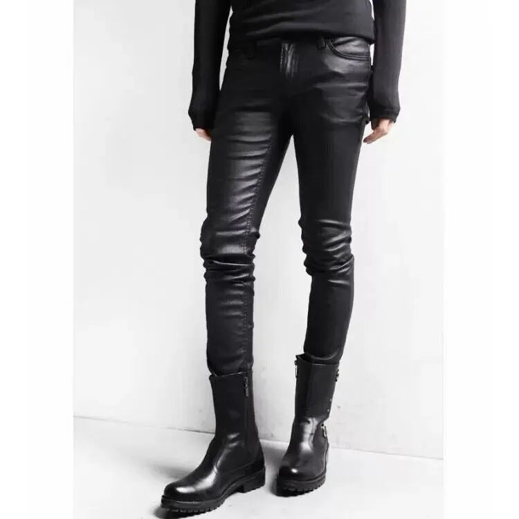 Mens street style black leather motorcycle pant Biker cafe racer skinny pants