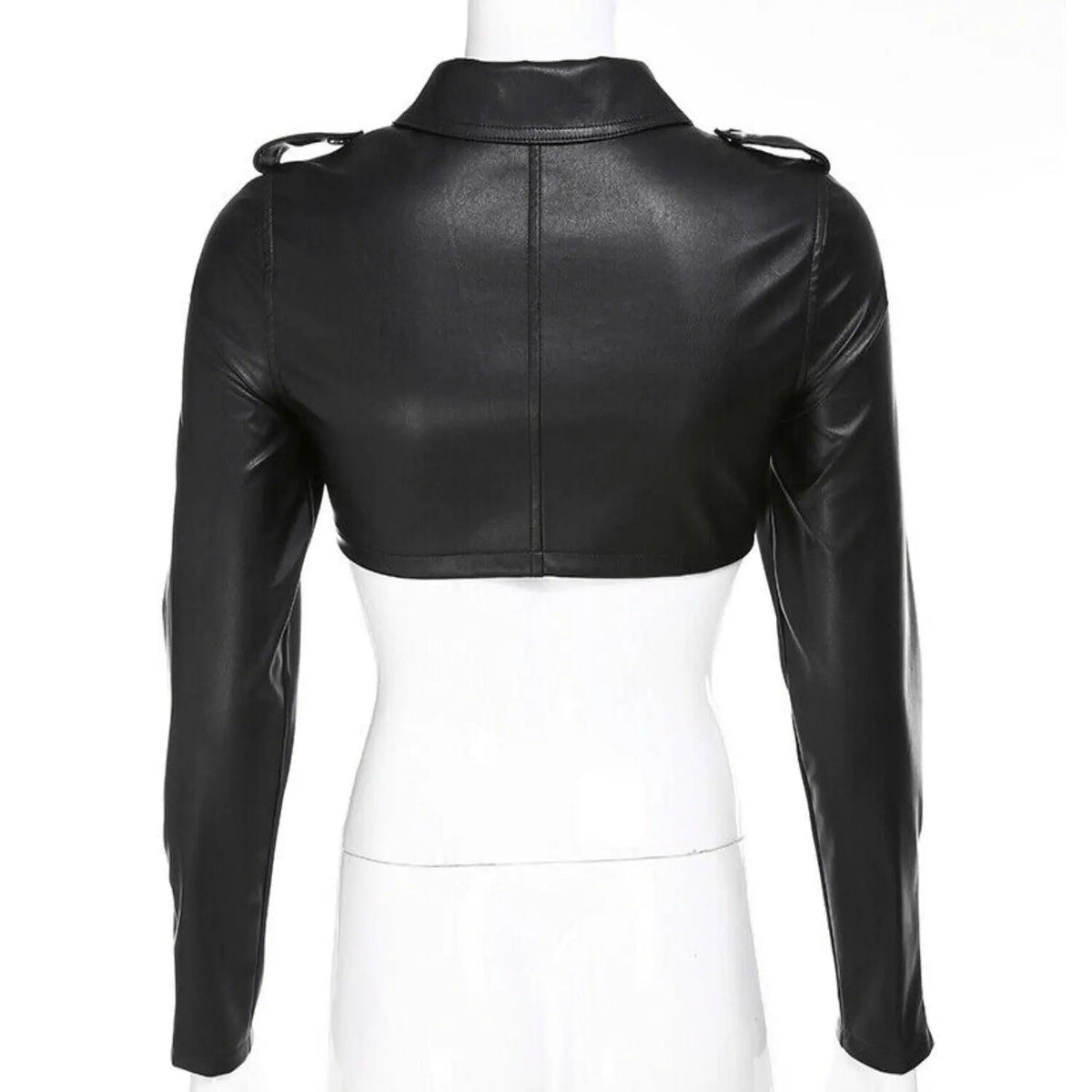 Women's Real Leather Short Motorcycle Jacket - Gothic Black Punk Lapel Collar, collar detail 5