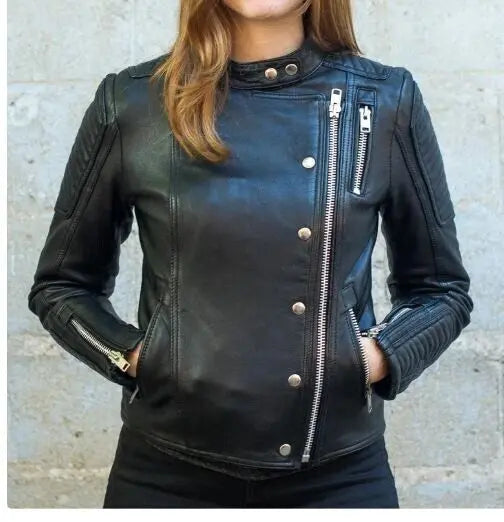 Women's Genuine Black Leather Motorcycle Jacket - Slim Fit Biker Jacket, back view