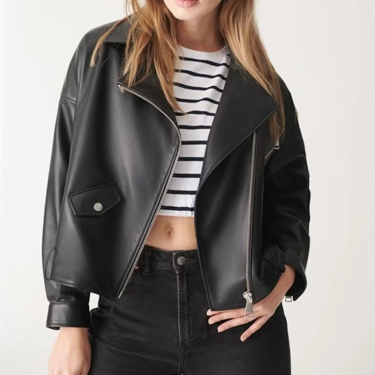 Women's Black Genuine Leather Slim Crop Biker Jacket, side view