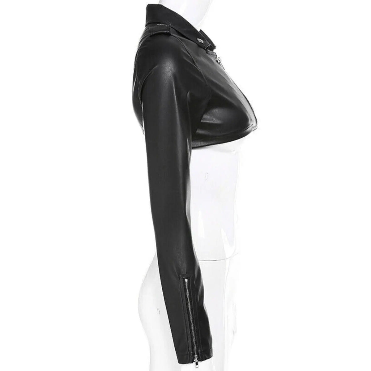 Women's Real Leather Short Motorcycle Jacket - Gothic Black Punk Lapel Collar, collar detail 6