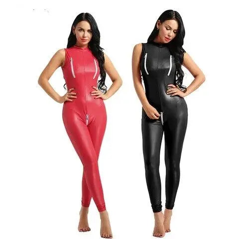 Women Leather Bodysuit Catsuit Cosplay sexy Jumpsuit Leather Black Gothic dress 