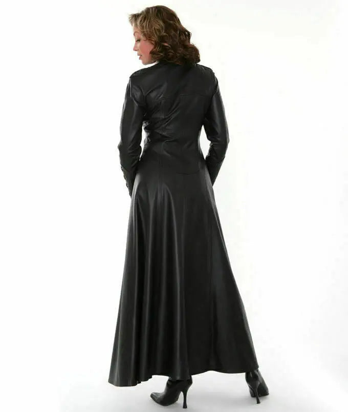Real Leather Catsuit - Matrix Coat Zipper Sexy Long Dress - Custom Made Catsuit – back view