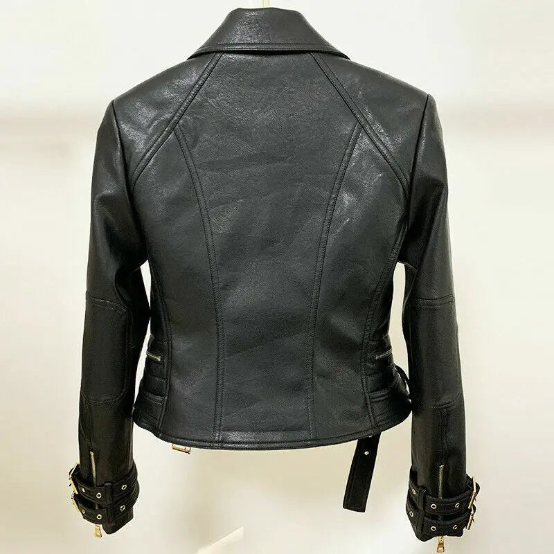 Women’s Double-Breasted Leather Blazer (Biker Style with Gold Buttons), back view
