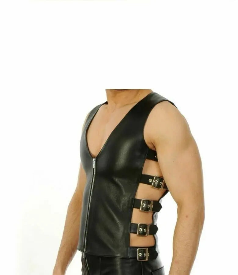 Men's Genuine Leather Open Gay Top Motorcycle Vest