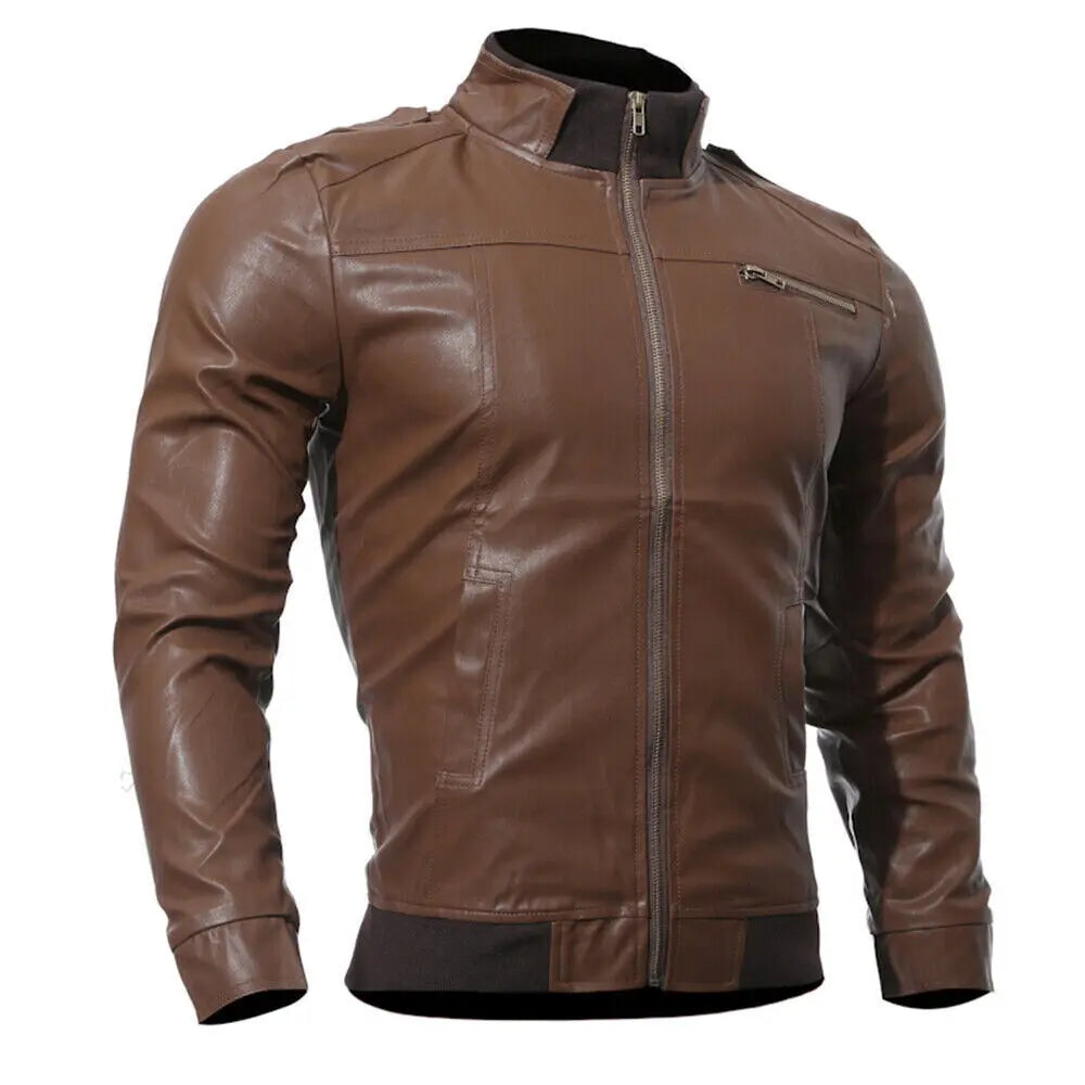 Men’s Sheepskin Leather Zip-Up Slim Fit Stand Collar Biker Motorcycle Jacket Coat  – Premium Casual Outerwear
