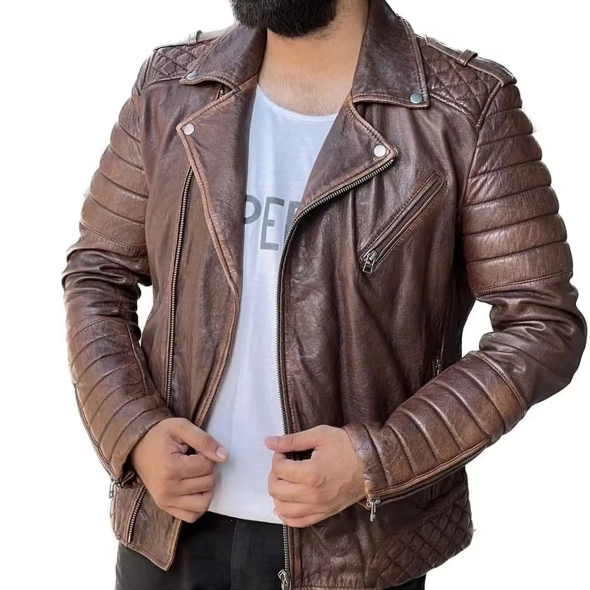 Men's Brown Quilted Real Leather Jacket (Padded Shoulder Outdoor Style)