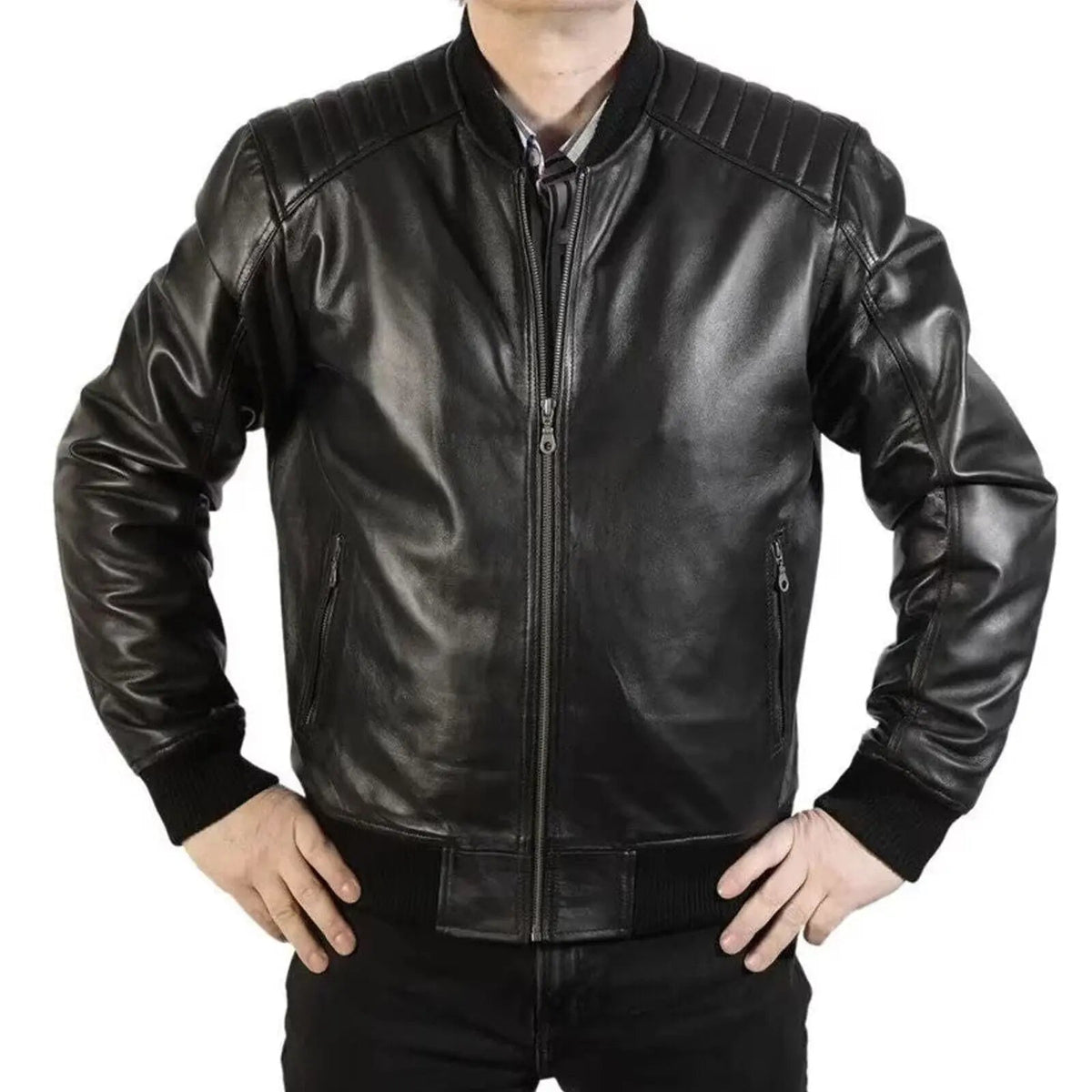Men genuine leather racer jacket with padded shoulder design