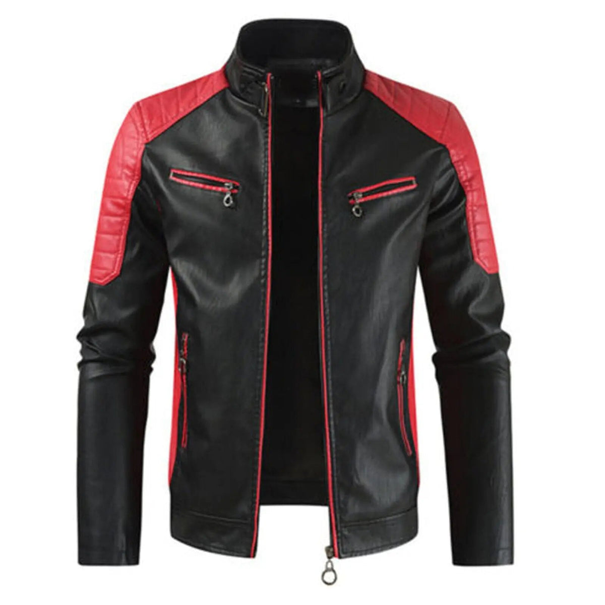 Men’s Stand Collar Biker Motorcycle Jacket in Black & Red Sheepskin Leather Zip-Up Slim Fit Jacket – Premium Riding Outerwear