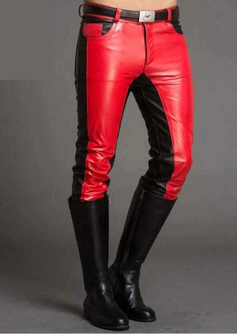 Men’s Real Leather Biker Pants 5-Pocket Levi's Jeans Style Red Accent Motorcycle Trousers – Premium Casual Riding Wear