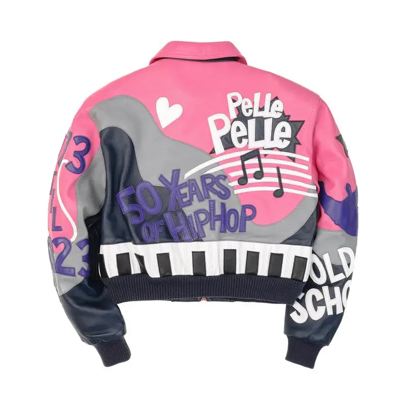 Retro Pink & Navy Music Themed Cowhide Leather Jacket for Women, detail view 3