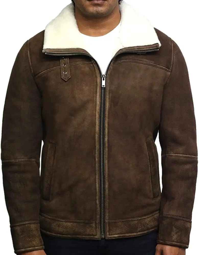Mens Real Sherling Sheepskin Suede Jacket Brown Tan Vintage Zip Flying Pilot WW2 - Leather taboo