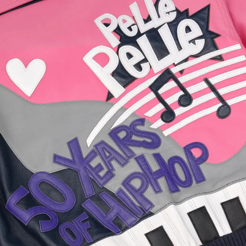 Retro Pink & Navy Music Themed Cowhide Leather Jacket for Women, detail view 4