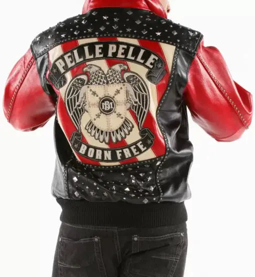 Born Free Studded Eagle Black & Red Leather Jacket, front view