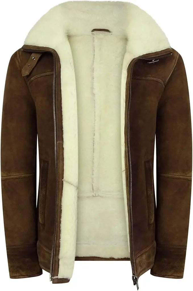 Mens Real Sherling Sheepskin Suede Jacket Brown Tan Vintage Zip Flying Pilot WW2 - Leather taboo