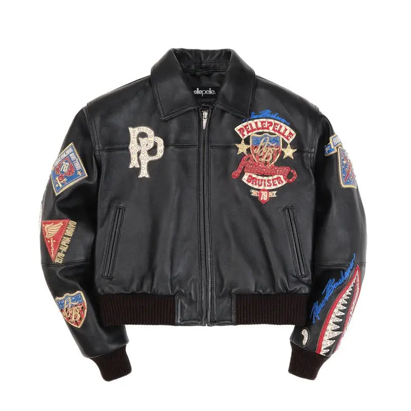 Women's Premium Black Cowhide Embroidered Bomber Leather Jacket with Style Badges & Street Patchwork, front view