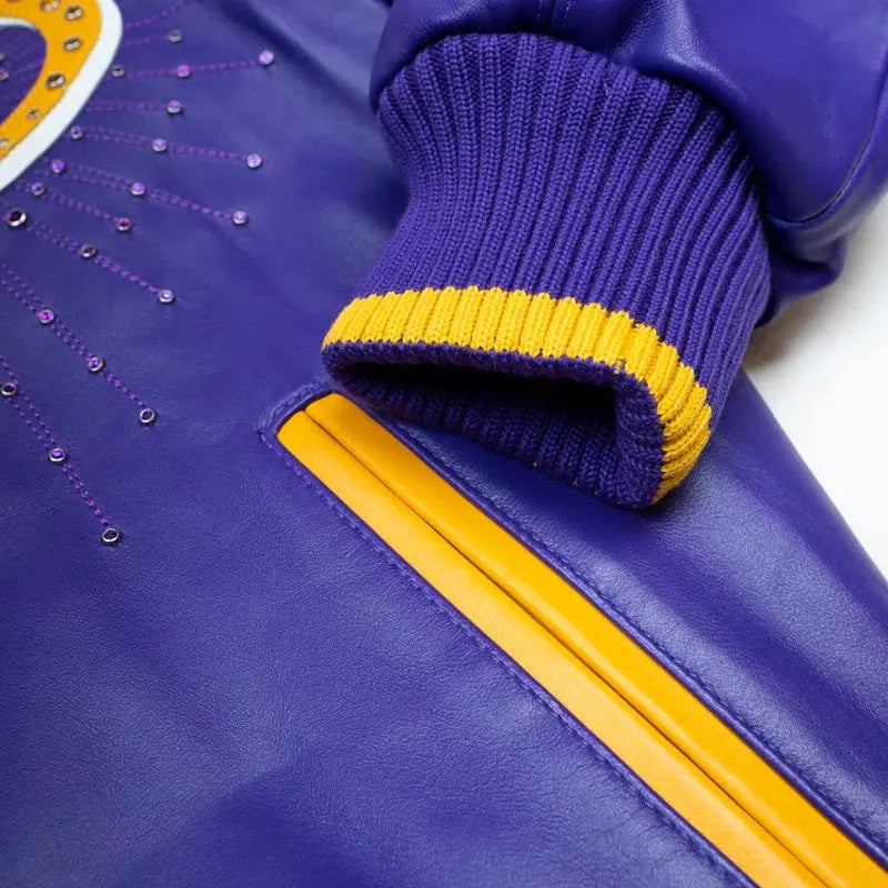 Purple Premium Cowhide Leather Jacket for Men, Close-Up of Yellow Chest Embroidery - Leather Taboo