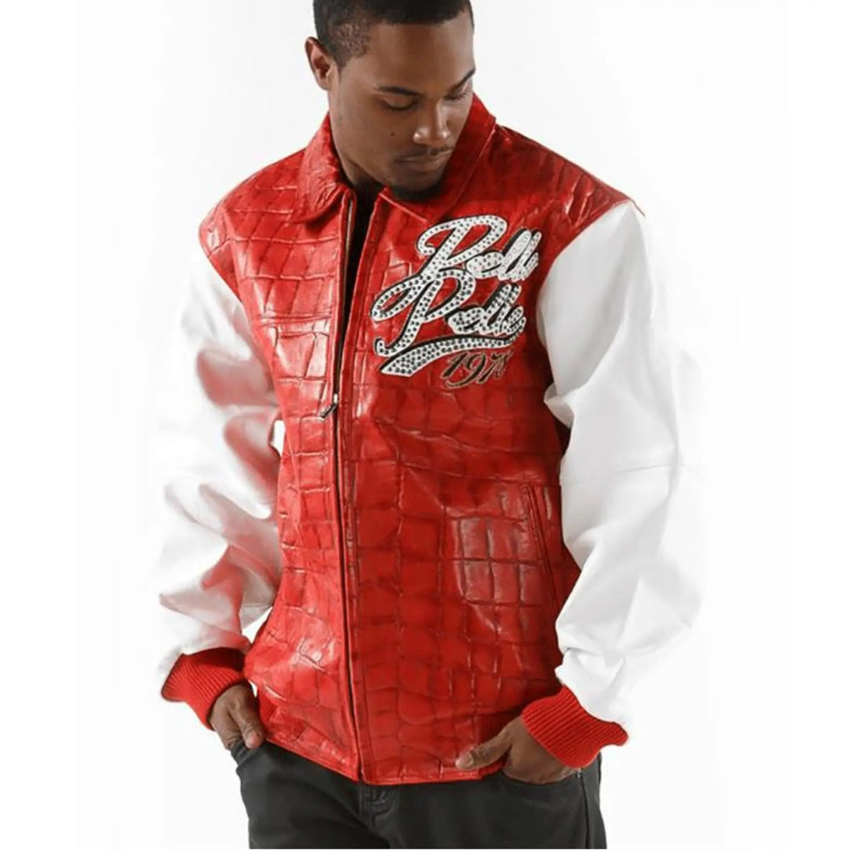 Premium Pelle Pelle Men’s Cowhide Leather Jacket | Red Croc Pattern Front with White Sleeves and Bold Logo Design - Leather taboo