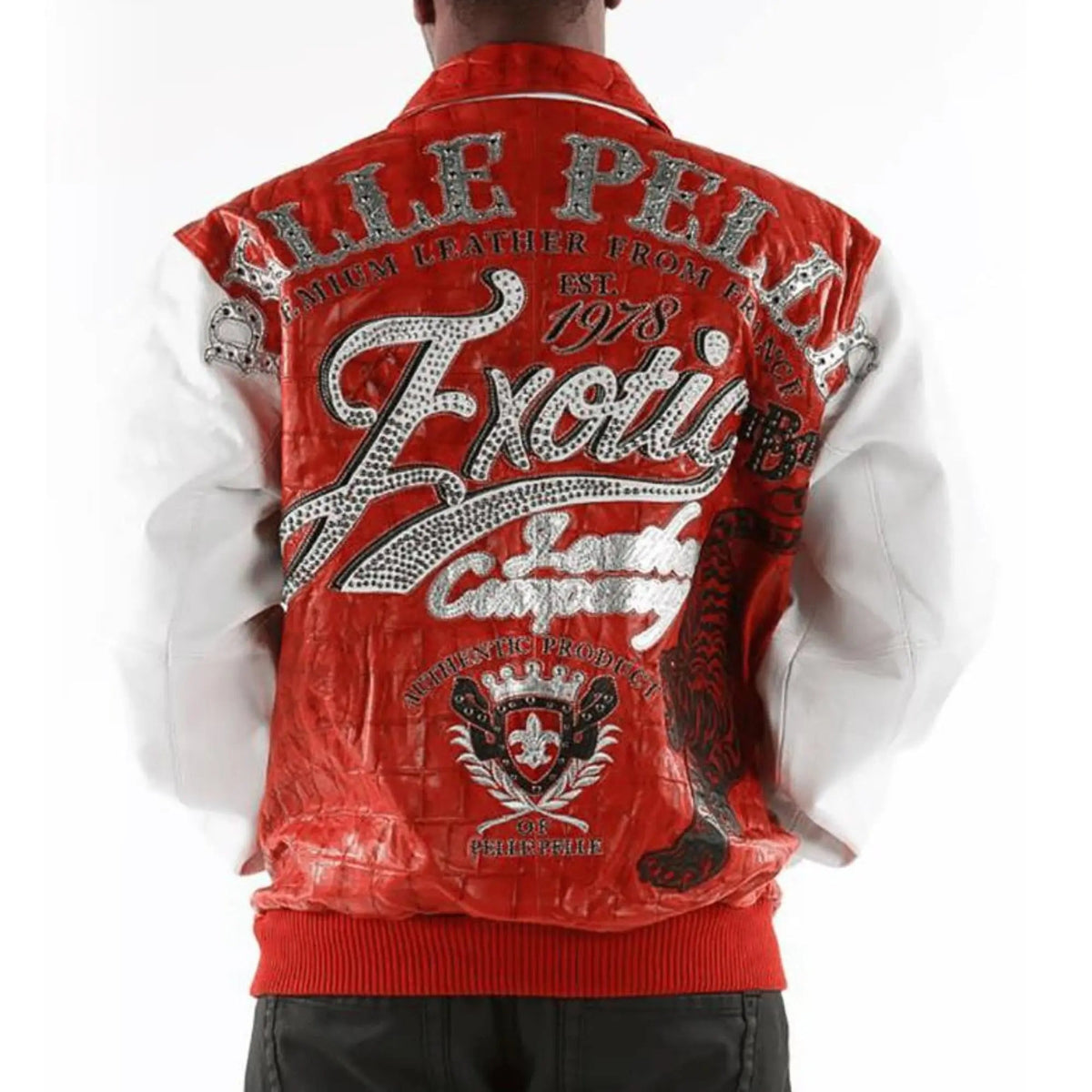 Premium Pelle Pelle Men’s Cowhide Leather Jacket | Red Croc Pattern Front with White Sleeves and Bold Logo Design - Leather taboo