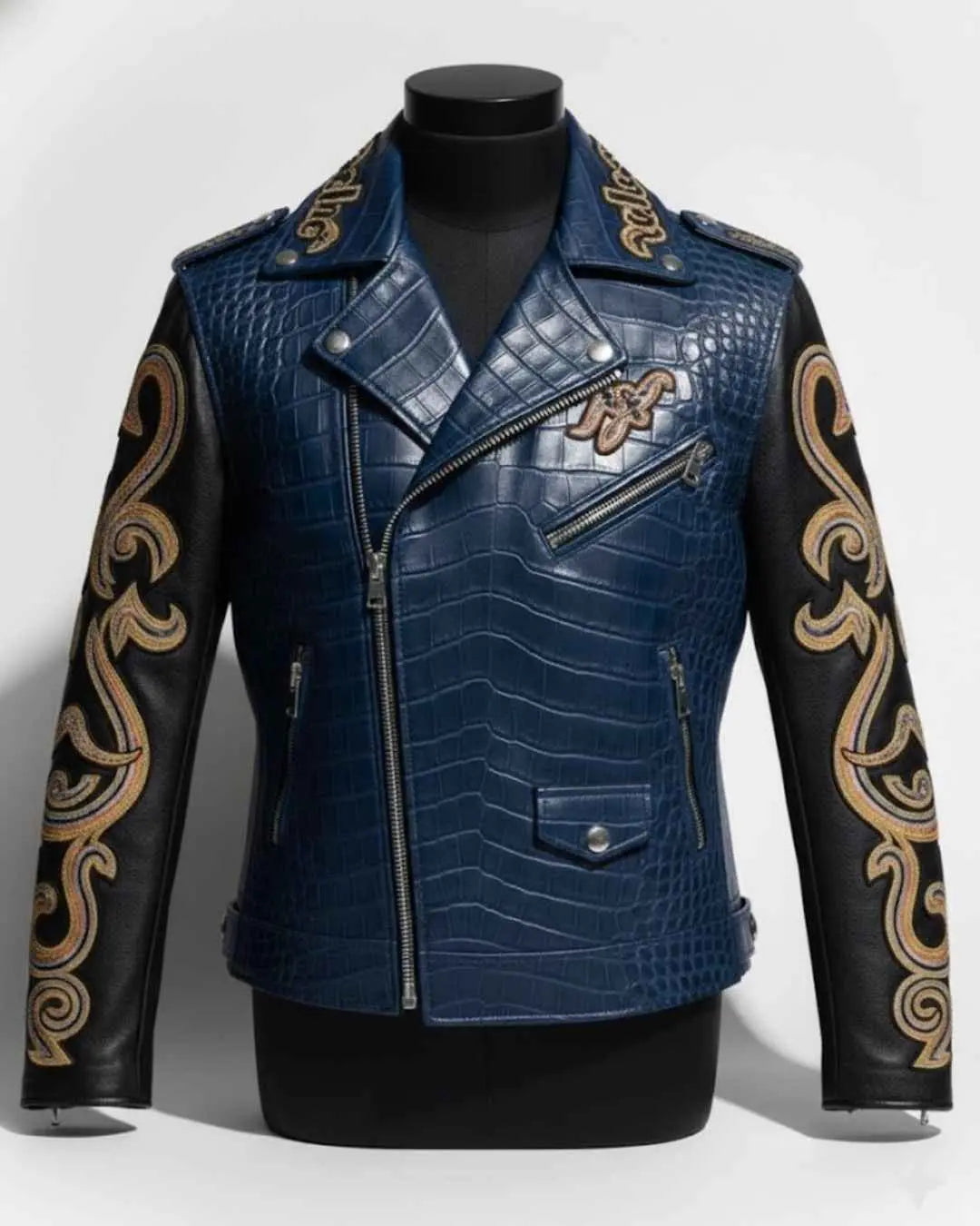 Blue Croco-Embossed Biker Jacket, back view