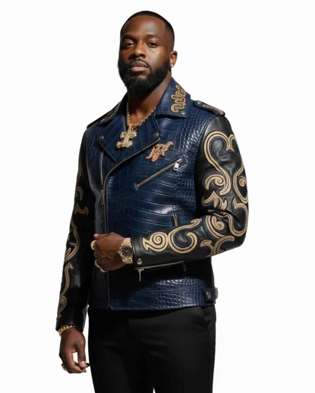 Blue Croco-Embossed Biker Jacket, side view