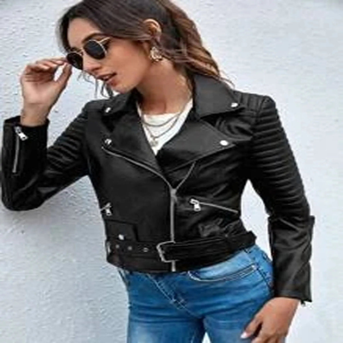 Women's Premium Genuine Leather Jacket Lapel Collar Belted Zip Moto Style, back view 2