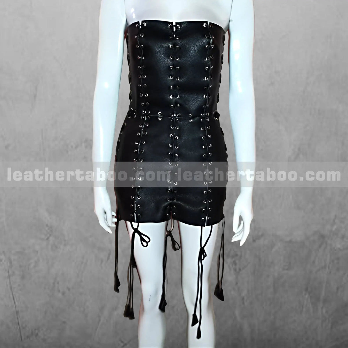 Black Leather Lace-Up Mini Dress – Strapless Gothic Corset Bodycon Dress for Women, Handmade Clubwear Outfit - Leather taboo