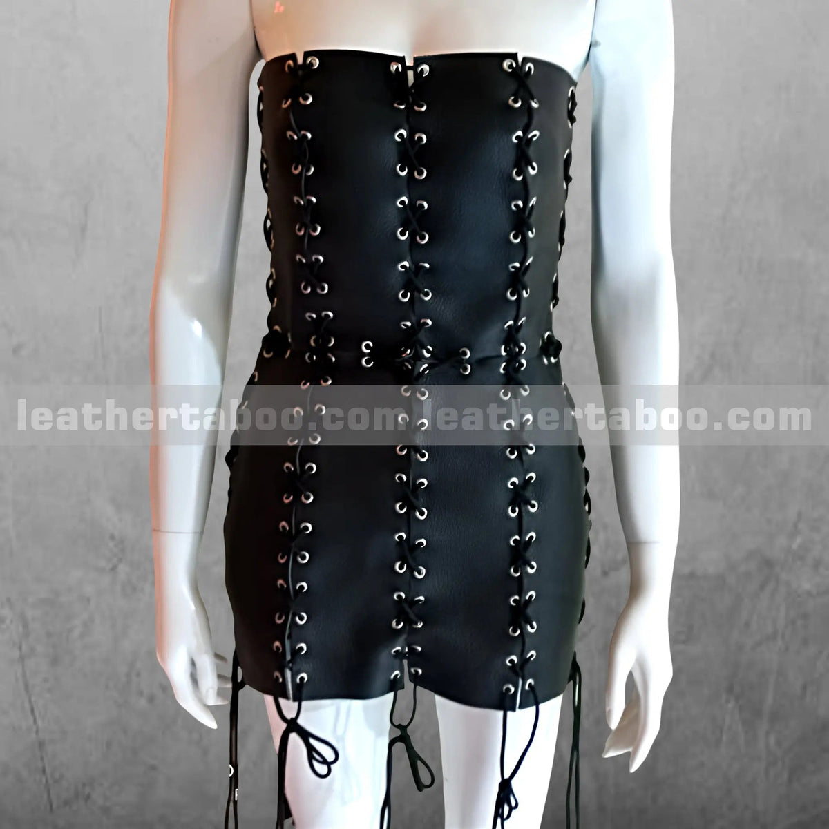 Black Leather Lace-Up Mini Dress – Strapless Gothic Corset Bodycon Dress for Women, Handmade Clubwear Outfit - Leather taboo