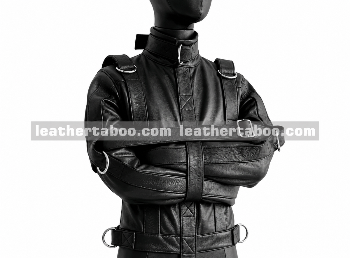Front view of a black genuine leather straitjacket with crossed padded sleeves, buckle straps, shoulder hardware and metal D-rings on a display form.