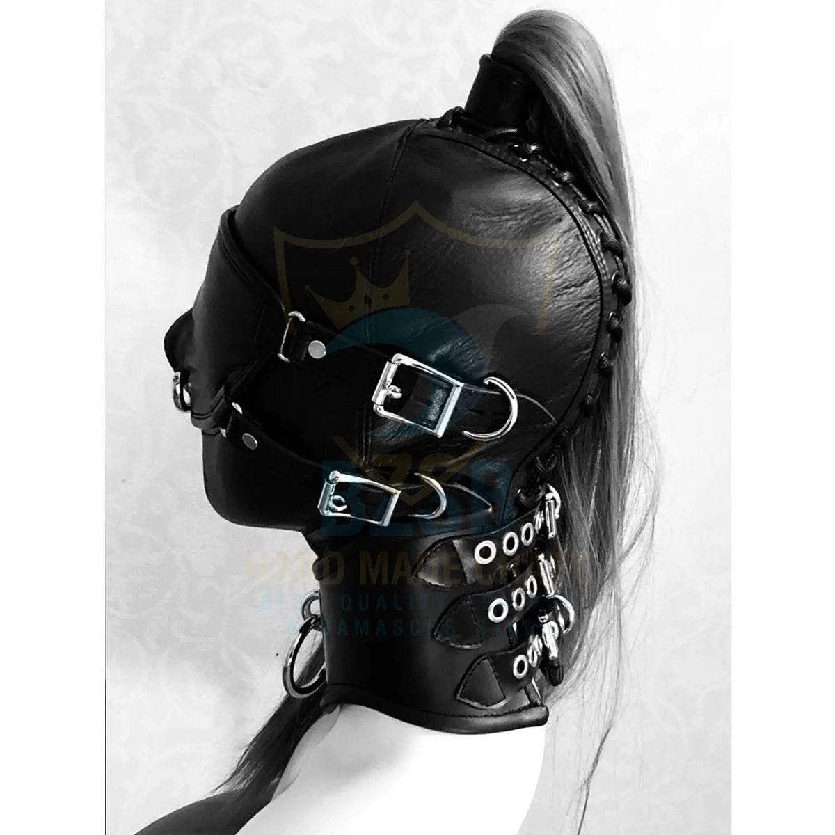 Black leather hood mask with integrated collar