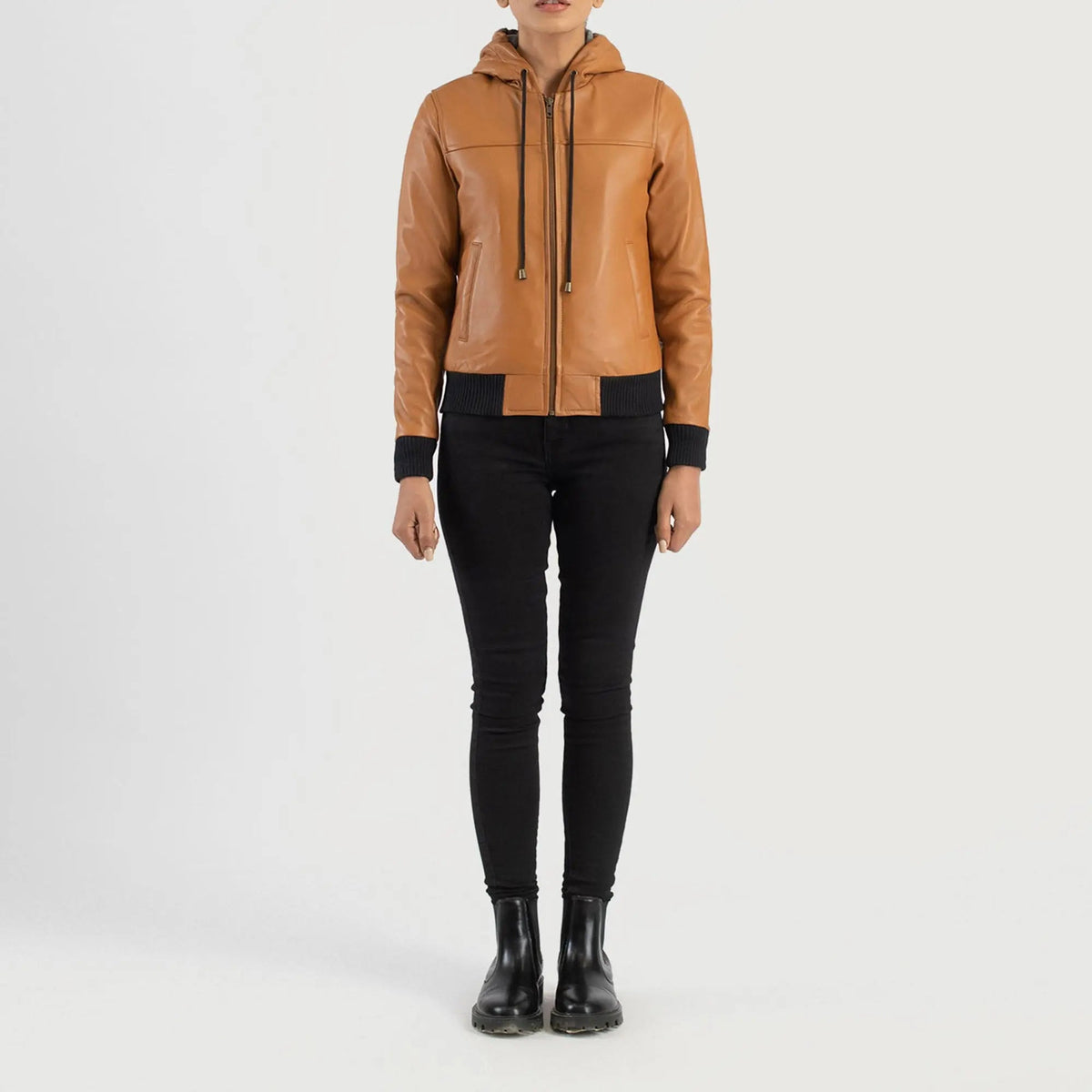 Rebella Brown Hooded Leather Bomber Jacket Urban Warm Style, front view